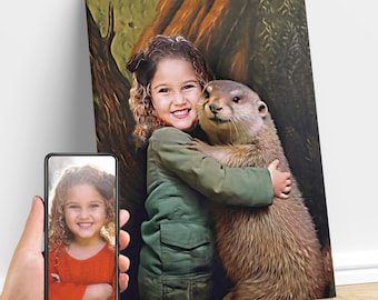 Personalisiertes Kind umarmt einen Otter, Otter Tierkunst, benutzerdefiniertes Porträt vom Foto, Otter-Geburtstagsfeier, Geschenke für Kinder und Erwachsene