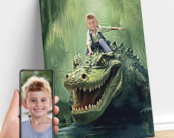 Personalisiertes Kind reitet einen Alligator, Alligator Tierkunst, benutzerdefiniertes Porträt vom Foto, Alligator-Geburtstagsfeier, Krokodil, Geschenke für Kinder