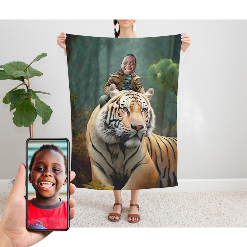 May include: A digital illustration of a young person riding a tiger in a woodland setting. The tiger is brown and orange with black stripes. The person is wearing a brown jacket and has a big smile.