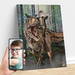 Personalized Kid Riding a Carnotaurus Jurassic Dinosaur Art, Custom Portrait From Photo, Dinosaur Birthday Party, Gifts for Kids and Adults