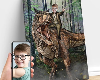 Personalisiertes Kind, das eine Carnotaurus Jurassic Dinosaurier-Kunst reitet, benutzerdefinierte Porträt vom Foto, Dinosaurier-Geburtstagsfeier, Geschenke für Kinder und Erwachsene