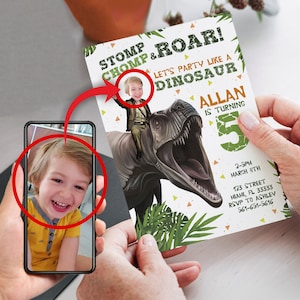 Gepersonaliseerde dinosaurusuitnodiging, T-Rex-uitnodiging, babydinosaurus, dinosaurusverjaardagsuitnodiging, digitale of gedrukte kaarten