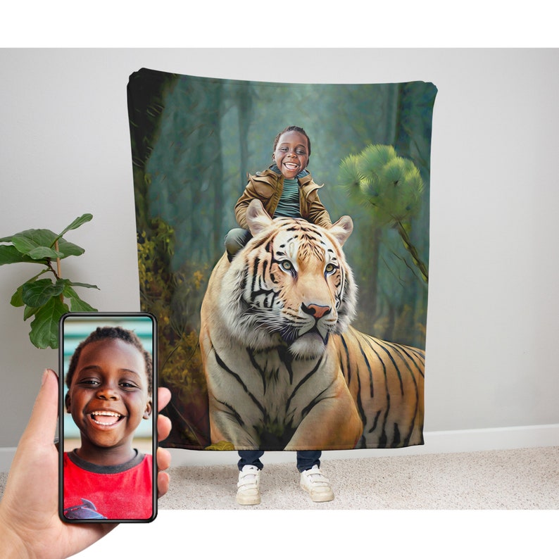 May include: A child riding a tiger in a forest setting. The child is wearing a brown jacket and the tiger is brown and orange with black stripes.