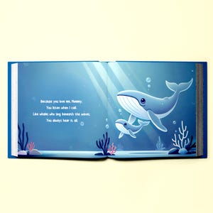 May include: An open book with a blue cover and a light blue background. The book features an illustration of two whales swimming in the ocean. The text on the page reads: "Because you love me, Mommy, You listen when I call. Like whales who sing beneath the waves. You always hear it all."