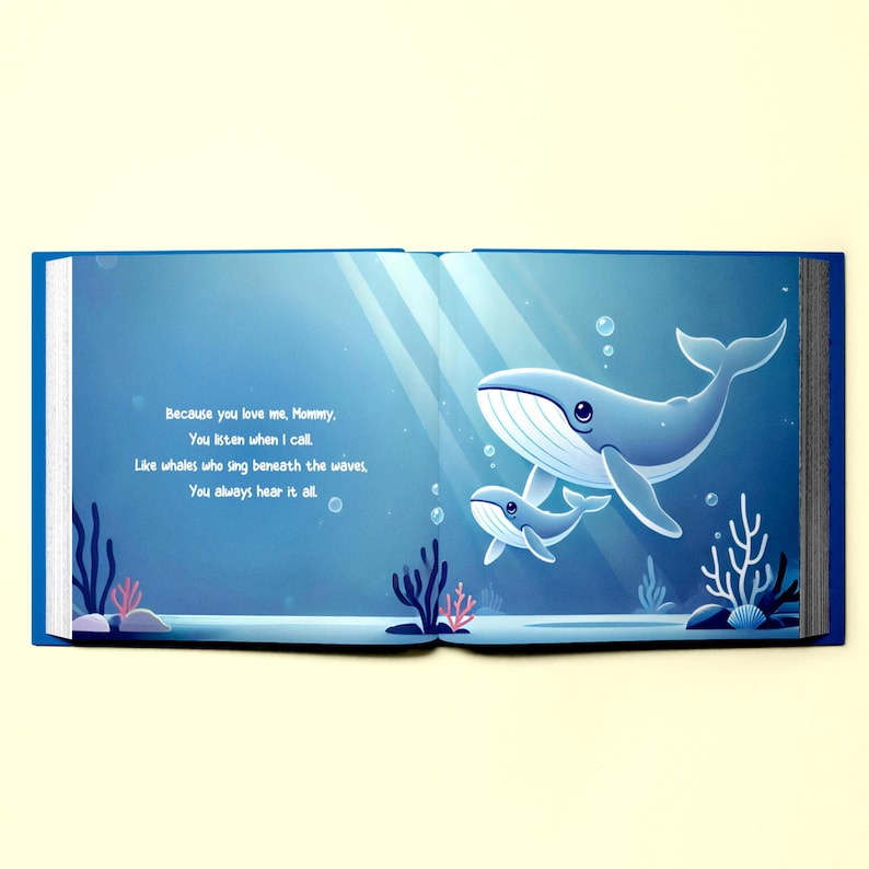 May include: An open book with a blue cover and a light blue background. The book features an illustration of two whales swimming in the ocean. The text on the page reads: "Because you love me, Mommy, You listen when I call. Like whales who sing beneath the waves. You always hear it all."