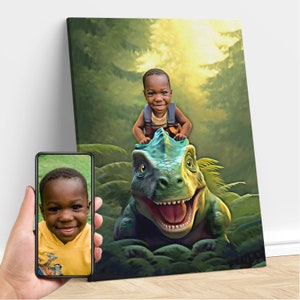 Art personnalisé des dinosaures jurassiques T-Rex pour tout-petits à cheval, portrait personnalisé à partir d’une photo, fête d’anniversaire de dinosaure, cadeaux pour bébés et enfants