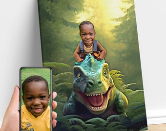 Personalisierte Kleinkind Reitbaby T-Rex Jurassic Dinosaurier Kunst, benutzerdefinierte Porträt vom Foto, Dinosaurier-Geburtstagsfeier, Geschenke für Baby und Kinder