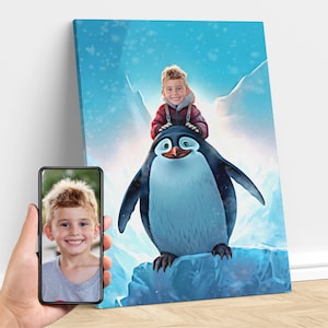Personalized Child Riding a Penguin, Penguin Animal Art, Custom Portrait From Photo, Penguin Birthday Party, Gifts for Kids and Adults