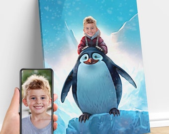 Personalisiertes Kind, das einen Pinguin reitet, Pinguin-Tierkunst, benutzerdefiniertes Porträt vom Foto, Pinguin-Geburtstagsfeier, Geschenke für Kinder und Erwachsene