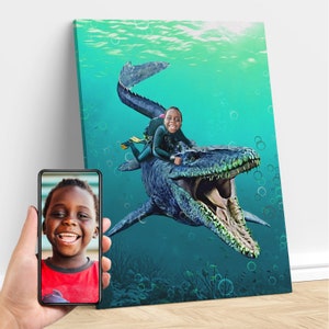Niño personalizado montando un arte de dinosaurio jurásico de Mosasaurus, retrato personalizado de la foto, fiesta de cumpleaños de dinosaurios, regalos para niños y adultos