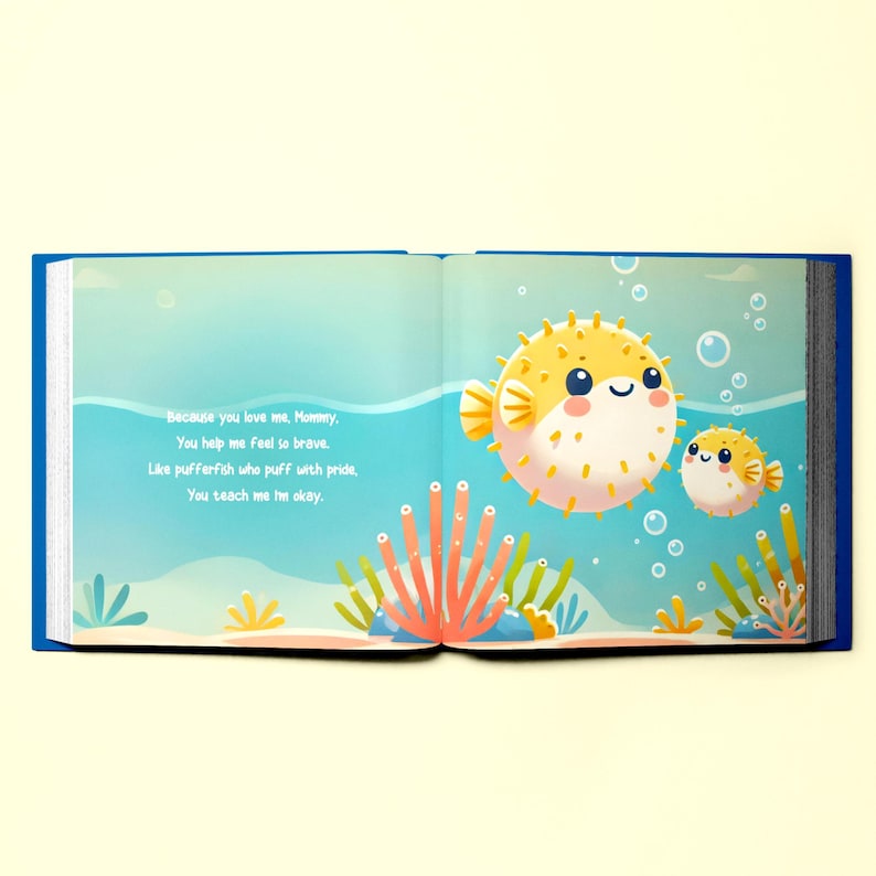 May include: An open book with a blue cover and a colorful illustration of a pufferfish and bubbles. The text on the page reads "Because you love me, Mommy, You help me feel so brave. Like pufferfish who puff with pride, You teach me I'm okay."