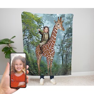 Personalized Child Riding a Giraffe Blanket, Custom Velveteen Plush Blanket, Giraffe, Giraffe Birthday Gift, Personalized Blanket for Kids Girl