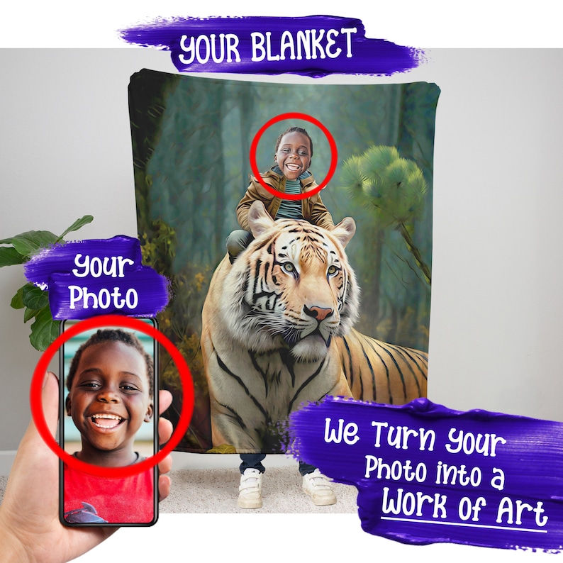 May include: A personalised blanket featuring a child riding a tiger in a forest setting. The blanket is a custom design with the child's photo incorporated into the image. The text "We Turn your Photo into a Work of Art" is displayed on the blanket.
