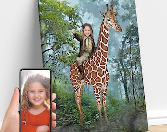 Personalisiertes Kind reitet ein Giraffenporträt, Tierkunst, benutzerdefiniertes Porträt vom Foto, Giraffen-Geburtstagsfeier, Geschenke für Kinder und Erwachsene