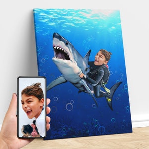 Personalized Kid Riding a Shark, Shark Animal Art, Custom Portrait From Photo, Shark Birthday Party, Gifts for Kids and Adults