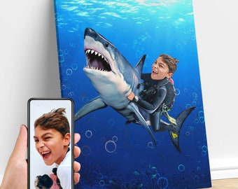 Personalized Kid Riding a Shark, Shark Animal Art, Custom Portrait From Photo, Shark Birthday Party, Gifts for Kids and Adults