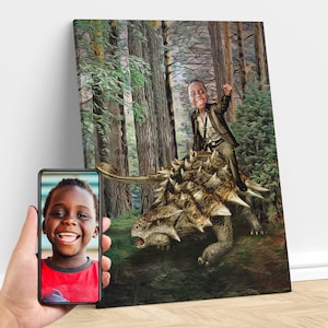 Personalized Kid Riding a Ankylosaurus Jurassic Dinosaur Art, Custom Portrait From Photo, Dinosaur Birthday Party, Gifts for Kids and Adults