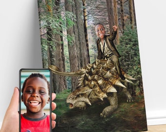 Personalisiertes Kind reitet einen Ankylosaurus Jurassic Dinosaurier Kunst, benutzerdefiniertes Porträt vom Foto, Dinosaurier-Geburtstagsfeier, Geschenke für Kinder und Erwachsene