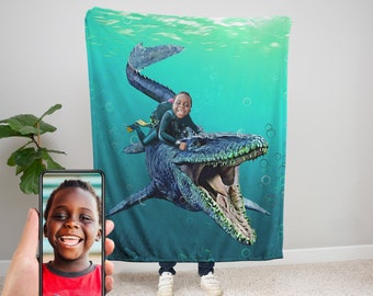 Personalized Mosasaurus Dinosaur Velveteen Plush Blanket, Custom Child Riding a Mosasaurus, Dinosaur Gift, Personalized Blanket for Kids