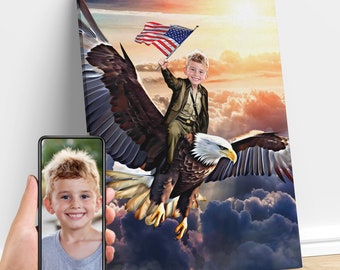 Personalized Bald Eagle Art Gift, 4th of July, Custom Portrait From Photo, Patriot Funny Gift, Independence Day, Gifts for Kids and Adults