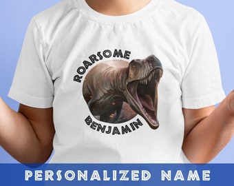 Personalized Kid's T-Shirt T-Rex Jurassic Dinosaur Art, Dino Shirt with Custom Name, Dinosaur Birthday, Gifts for Kids