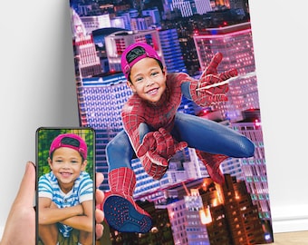 Spiderman Custom Canvas, Custom Spiderman Gift, Custom Spiderman Portrait from Photo, Spiderman, Superhero Birthday Gift, Gift for Kids