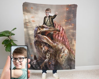 Personalized Spinosaurus Dinosaur Velveteen Plush Blanket, Custom Child Riding a Spinosaurus, Dinosaur Gift, Personalized Blanket for Kids