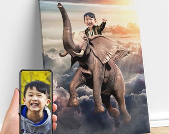 Personalized Kid Riding a Flying Elephant, Elephant Animal Art, Custom Portrait From Photo, Elephant Birthday Party, Gifts for Kids/Adults