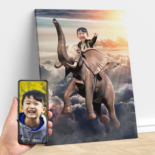 Personalized Kid Riding a Flying Elephant, Elephant Animal Art, Custom Portrait From Photo, Elephant Birthday Party, Gifts for Kids/Adults