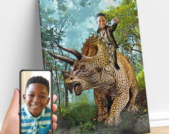 Personalized Boy Riding a Triceratops Dinosaur Art, Custom Portrait From Photo, Dinosaur Birthday, Dinosaur Party, Birthday Gifts for Kids