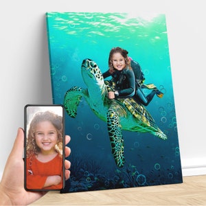 Personalized Child Riding Giant Sea Turtle Animal Art, Custom Portrait From Photo, Turtle Birthday Party, Turtle, Gifts for Kids and Adults