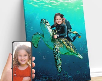 Personalized Child Riding Giant Sea Turtle Animal Art, Custom Portrait From Photo, Turtle Birthday Party, Turtle, Gifts for Kids and Adults