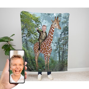 Personalized Child Riding a Giraffe Blanket, Custom Velveteen Plush Blanket, Giraffe, Giraffe Birthday Gift, Personalized Blanket for Kids Boy