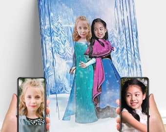 Personalisierte 2 Mädchen Elsa und Anna Frozen, Personalisiertes Portrait von Fotos, Elsa Anna Geburtstagsparty, Frozen, Geschenke für Kinder und Erwachsene