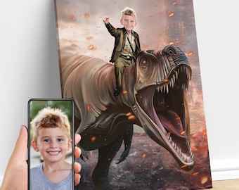 Personalized Child Riding T-Rex Jurassic Dinosaur Art, Custom Portrait From Photo, Dinosaur Birthday Party, Gifts for Kids and Adults