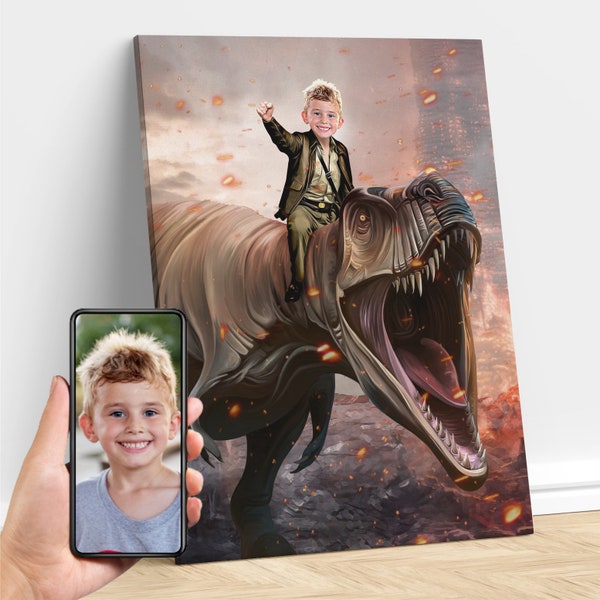 Personalized Child Riding T-Rex Jurassic Dinosaur Art, Custom Portrait From Photo, Dinosaur Birthday Party, Gifts for Kids and Adults