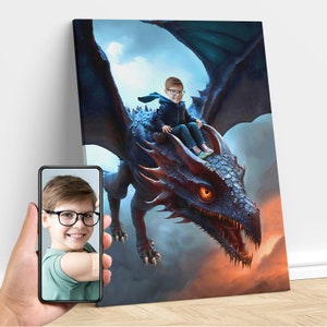 Personalized Child Riding a Black Dragon Art, Custom Portrait From Photo, Dragon Birthday Party, Dragon, Dragon Gifts for Kids and Adults