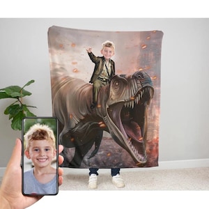 May include: A child riding a dinosaur with a fiery background. The child is wearing a brown jacket and a green shirt. The dinosaur is brown and green with a large open mouth.
