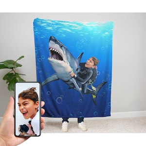 Gepersonaliseerde haai aangepaste fluwelen pluche deken, aangepast haaiencadeau, verjaardagscadeau haai, grote witte haai, gepersonaliseerde deken voor kinderen