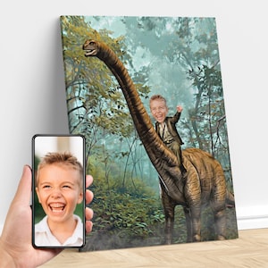 May include: A digital painting of a young boy riding a brown dinosaur in a green forest. The boy is wearing a brown jacket and a white shirt. The dinosaur has a long neck and a long tail.