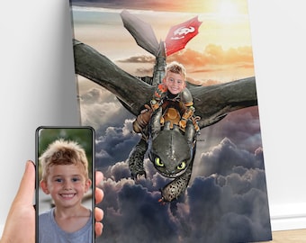 Personalized Kid Riding a Dragon, Dragon Art, Custom Portrait From Photo, Dragon Birthday Party, Gift for Kids and Adults