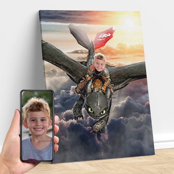 Personalized Kid Riding a Dragon, Dragon Art, Custom Portrait From Photo, Dragon Birthday Party, Gift for Kids and Adults