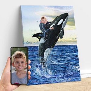Personalized Kid Riding an Orca, Whale Animal Art, Custom Portrait From Photo, Killer Whale Birthday Party, Gifts for Kids and Adults
