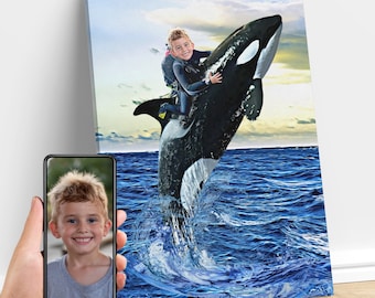 Personalized Kid Riding an Orca, Whale Animal Art, Custom Portrait From Photo, Killer Whale Birthday Party, Gifts for Kids and Adults