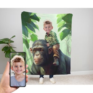 May include: A green, brown, and white fleece blanket with a digital illustration of a child riding on a chimpanzee in a jungle setting.