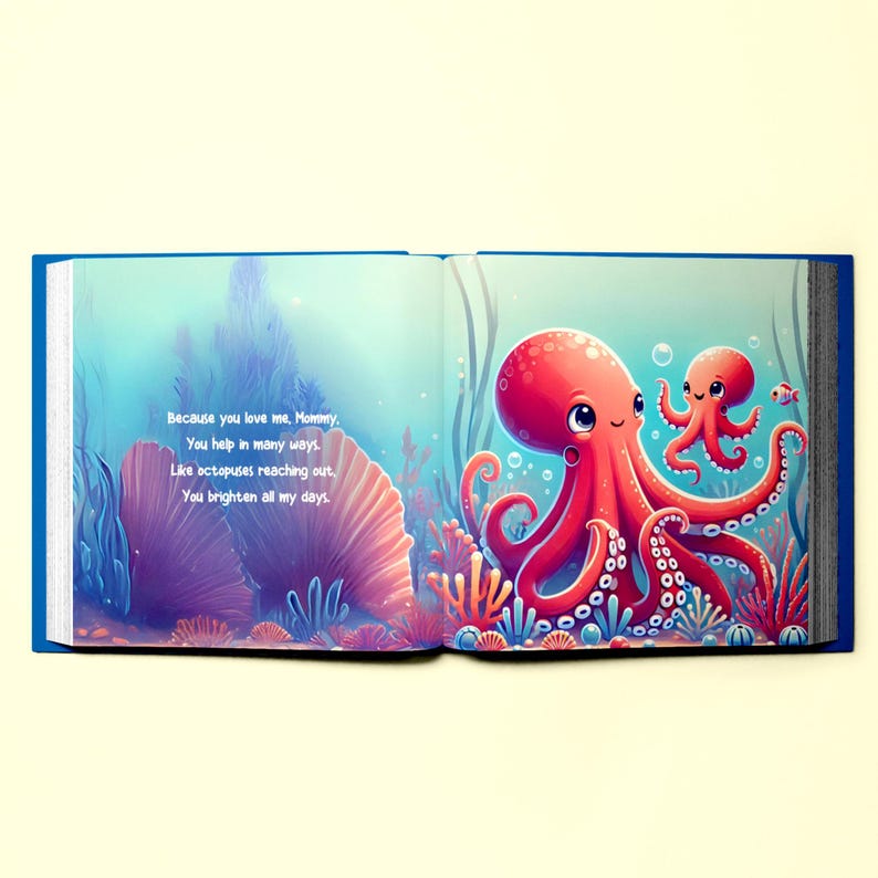 May include: An open book with a blue cover and colorful illustrations of two octopuses in a coral reef. The text reads "Because you love me, Mommy, You help in many ways. Like octopuses reaching out, You brighten all my days."