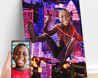 Miles Morales Custom Canvas, Custom Spiderman Geschenk, Custom Spiderman Portrait vom Foto, Spiderman, Superheld Geburtstagsgeschenk, Geschenk für Kinder