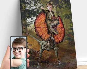 Personalisierte Kinder, die Dilophosaurus Jurassic Dinosaurier-Kunst reiten, benutzerdefinierte Porträt vom Foto, Dinosaurier-Geburtstagsfeier, Geschenke für Kinder und Erwachsene