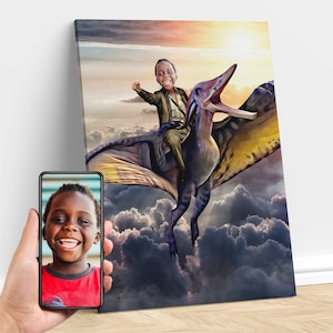 Personalized Boy Pterodactyl Dinosaur Art, Custom Portrait From Photo, Dinosaur Birthday Party, Pterosaurs, Gifts for Kids and Adults