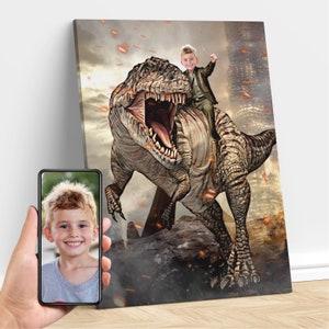 Personalized Child Riding a Giganotosaurus Dinosaur Art, Custom Portrait From Photo, Dinosaur Birthday Party, Gifts for Kids and Adults